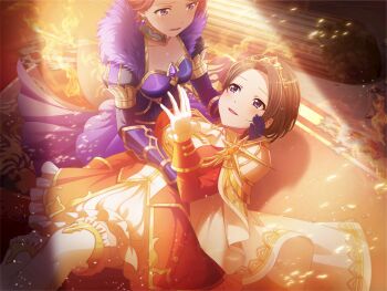 Rule 34 | 2girls, armor, black hair, cape, crown, crying, crying with eyes open, dress, earrings, frilled dress, frills, fur trim, game cg, gloves, isurugi futaba, jewelry, long sleeves, looking at another, lying, minase suzu, multiple girls, official art, parted lips, purple dress, purple eyes, red dress, short hair, shoujo kageki revue starlight, shoujo kageki revue starlight -re live-, shoulder armor, sitting, solo focus, spotlight, tears, thighhighs, upper body, white cape, white gloves, white thighhighs