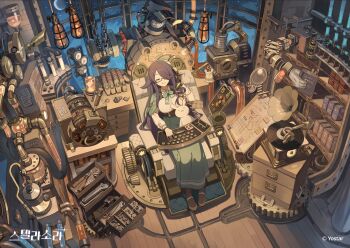 1girl absurdly_detailed_composition absurdres adjustable_wrench bell black_gloves black_hair blue_sky breasts brown_shoes chest_of_drawers closed_eyes commentary_request copyright_name corded_phone eraser gears glasses gloves green_hat hair_over_one_eye hat highres holding holding_phone indoors korean_commentary loaded_interior moon night nut_(hardware) pencil phone phonograph second-party_source shoes sitting sky smile solo sparkla_(stella_sora) star_(sky) stella_sora vinyl_record whitebear wrench
