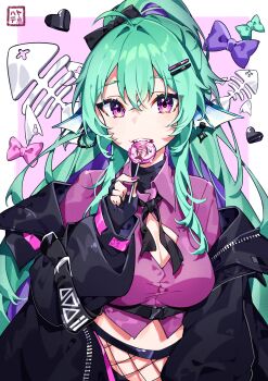 1girl absurdres ahoge black_bow black_gloves black_jacket bow breasts candy cleavage cleavage_cutout clothing_cutout collared_shirt commentary dress_shirt english_commentary fin_piercing finana_ryugu finana_ryugu_(3rd_costume) fingerless_gloves fins fish_skeleton fishnets food gloves green_hair hair_between_eyes hair_bow hair_intakes hair_ornament hairclip hayate_fish head_fins highres holding holding_candy holding_food holding_lollipop jacket lollipop long_hair long_sleeves looking_at_viewer medium_breasts nijisanji nijisanji_en off_shoulder open_clothes open_jacket pink_background ponytail puffy_long_sleeves puffy_sleeves purple_eyes purple_shirt shirt sleeves_past_wrists solo two-tone_background very_long_hair virtual_youtuber white_background