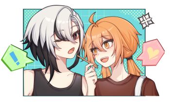 Rule 34 | !, 2girls, ahoge, arlecchino (genshin impact), artist request, bare shoulders, black shirt, brown shirt, chinese commentary, collarbone, commission, contemporary, couple, food, genshin impact, grey hair, hair between eyes, hand up, happy, heart, highres, holding, holding food, holding pocky, leaning on person, leaning to the side, liuboyi33444, long hair, looking at another, looking to the side, low twintails, multicolored background, multicolored hair, multiple girls, oc x canon, one eye closed, open mouth, orange eyes, orange hair, original, pocky, red pupils, shirt, short hair, sleeveless, sleeveless shirt, spoken exclamation mark, spoken heart, streaked hair, symbol-shaped pupils, teeth, twintails, upper teeth only, x-shaped pupils, x x, yuri