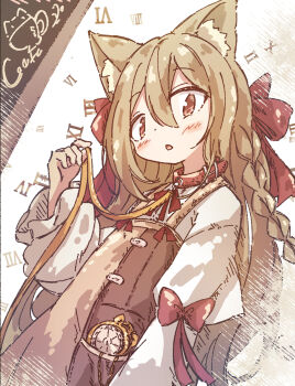 1girl animal_ear_fluff animal_ears brown_dress brown_hair cat_ears chipie_0114 commentary dress hair_between_eyes hair_ribbon hand_up highres holding_own_leash leash long_hair long_sleeves looking_at_viewer original parted_lips pocket_watch ribbon solo upper_body watch