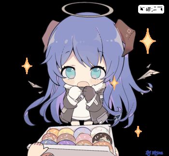 1girl animated animated_gif arknights artist_name asymmetrical_gloves black_gloves black_jacket black_shorts blue_eyes blue_hair blush chibi cowboy_shot demon_girl demon_horns demon_tail detached_wings donut energy_wings food fur-trimmed_hood fur_trim gloves halo hands_up hood horns jacket long_hair matsu_jamu mismatched_gloves mostima_(arknights) open_clothes open_jacket open_mouth pastry_box shirt shorts sparkle tail transparent_background white_gloves white_shirt wings