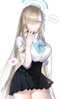 1girl arm_behind_back asuna_(blue_archive) asuna_(school_uniform)_(blue_archive) black_skirt blue_archive blue_bow blue_bowtie blue_eyes blue_nails blush bow bowtie breasts button_gap choker collared_shirt cowboy_shot grin hair_over_one_eye hair_ribbon halo heart highres large_breasts long_hair looking_at_viewer luo_sheep_chan missing_commentary nail_polish pleated_skirt ribbon school_uniform shirt shirt_tucked_in simple_background skirt sleeves_rolled_up smile solo speech_bubble thighs v very_long_hair white_background white_shirt