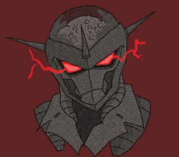 1boy 2012 brain brain_drain_(skullgirls) cyborg glowing glowing_eyes jacket lapels nyoro_mutou portrait red_background red_eyes skullgirls solo static