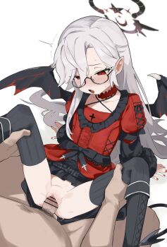 1boy 1girl bar_censor censored commission dress glasses halo has_bad_revision has_censored_revision hetero highres loli long_hair matcha_(mattyan) original penis pointy_ears pussy red_eyes sex skeb_commission thighhighs vaginal wings