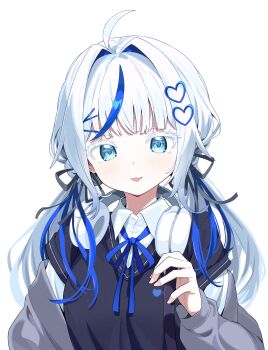 1girl :d absurdres ahoge aokumo_rin black_ribbon black_sweater blue_eyes blue_hair blue_ribbon collared_shirt colored_eyelashes commentary_request dress_shirt grey_hair grey_jacket hair_intakes hair_ornament hair_ribbon hairclip hand_up headphones headphones_around_neck heart heart_hair_ornament highres jacket long_sleeves looking_at_viewer low_twintails multicolored_hair neck_ribbon off_shoulder open_clothes open_jacket open_mouth puffy_long_sleeves puffy_sleeves ribbon shirt short-sleeved_sweater short_sleeves simple_background smile solo stellive streaked_hair sweater tosyeo twintails upper_body white_background white_shirt