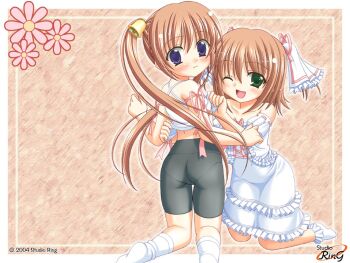 2girls ass bike_shorts blue_eyes blush clothes_lift cosplay costume_switch dress green_eyes kneeling long_hair looking_back multiple_girls nanami_to_konomi_no_oshiete_abc nishimura_konomi nishimura_nanami one_eye_closed pantylines shirt_lift short_hair shorts siblings sin-go sisters skin_tight twins twintails very_long_hair wink