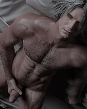 Rule 34 | 1boy, abs, bara, beard, chest hair, dante (devil may cry), devil may cry (series), facial hair, male focus, masturbation, mature male, muscular, muscular male, nipples, non-web source, nude, pectorals, penis, short hair, solo, solo focus, topless male, white hair
