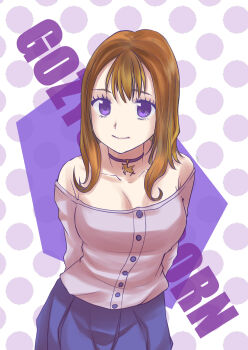 1girl brown_hair ichikawa_sumino jewelry looking_at_viewer necklace no.1_sentai_gozyuger nyon_(artist) purple_eyes shirt skirt solo super_sentai