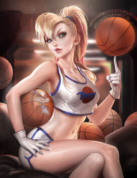 1girl ball basketball basketball_(object) basketball_uniform blonde_hair breasts crop_top crop_top_overhang crossed_legs ear_piercing earrings eyelashes eyeliner eyeshadow female_focus fringe_trim gloves hand_on_own_hip holding holding_ball humanization jewelry large_breasts lips lola_bunny long_hair looney_tunes makeup midriff navel nose parted_lips personification piercing ponytail sakimichan scrunchie shiny_skin short_shorts shorts sitting solo space_jam sportswear thick_lips toned watermark web_address white_gloves