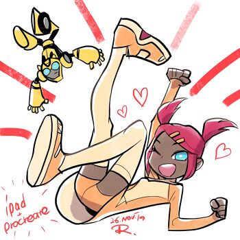 1girl blue_eyes bumblebee_(transformers) dark-skinned_female dark_skin dress one_eye_closed orange_dress orange_shoes orange_shorts red_hair ricken robot sari_sumdac shoes short_dress short_shorts short_twintails shorts transformers transformers_animated twintails