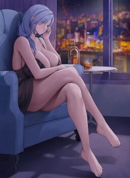 1girl absurdres alcohol babydoll bare_arms bare_legs bare_shoulders barefoot black_babydoll blue_eyes blue_hair blue_nails bottle breasts bsmage chair city city_lights cleavage collarbone commentary commission crossed_legs cup curtains drinking_glass english_commentary feet from_side full_body hair_between_eyes hand_on_own_face hand_up highres huge_breasts indoors legs long_hair looking_ahead nail_polish night on_chair original pixiv_commission rain see-through_clothes sideboob sitting solo table thighs toenail_polish toenails toes very_long_hair window