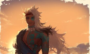 1boy asymmetrical_hair blonde_hair blue_tattoo chest_tattoo cloud dark-skinned_male dark_skin day facial_tattoo fate/grand_order fate_(series) headband highres jewelry long_hair looking_at_viewer magatama magatama_necklace male_focus multicolored_hair neck_tattoo necklace orange_sky outdoors red_headband savamisooon sky solo split-color_hair sunset tattoo umisachi-hiko_(fate) upper_body white_hair