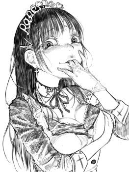 1girl arm_under_breasts blush breasts choker cleavage commentary_request cross cross-shaped_pupils cross_earrings crosshatching disorder! earrings english_text finger_in_own_mouth gloves grey_hair hair_ornament hairclip hatching_(texture) highres jewelry large_breasts long_hair original single_glove solo symbol-shaped_pupils tiara upper_body