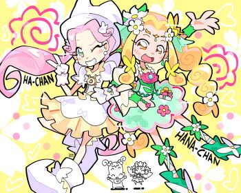 2girls :d absurdres blonde_hair blush bourbunbun braid bubble_skirt commentary cosplay cure_felice cure_felice_(cosplay) dress english_commentary english_text flower gloves green_eyes hair_flower hair_ornament hanamaru hanami_kotoha hat highres long_hair low_twin_braids makihatayama_hana makihatayama_hana_(cosplay) multicolored_eyes multiple_girls ojamajo_doremi open_mouth orange_eyes pink_hair puffy_short_sleeves puffy_sleeves short_sleeves skirt smile twin_braids white_dress white_gloves white_hat witch_hat