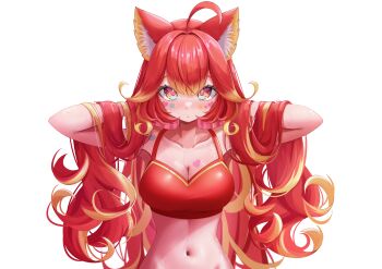 1girl absurdres ahoge animal_ear_fluff animal_ears arms_up blonde_streaks blue_eyes breasts camisole cat_ears cleavage collarbone crop_top curly_hair hair_between_eyes hair_lift hands_in_own_hair heart_on_cheek heart_on_chest highres large_breasts light_blush long_hair looking_at_viewer midriff multicolored_eyes multicolored_hair navel nyamaharu_eru nyantasia raised_inner_eyebrows red_camisole red_eyes red_hair solo star_on_cheek straight-on straight_hair streaked_hair torzzei transparent_background two-tone_hair upper_body very_long_hair virtual_youtuber wet yellow_eyes