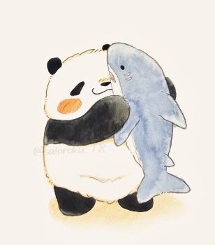 animal animal_focus bear commentary_request ebinomaegami highres holding holding_stuffed_toy no_humans original panda stuffed_animal stuffed_shark stuffed_toy white_background