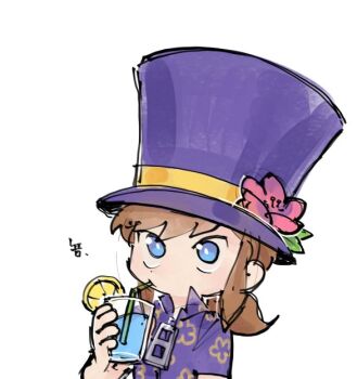 1girl a_hat_in_time bad_id bad_twitter_id blue_eyes brown_hair collared_shirt cup drinking drinking_glass drinking_straw flower food fruit gompang1125 hat hat_flower hat_kid hat_ribbon hawaiian_shirt here_comes_niko! holding holding_cup leaf lemon looking_at_viewer official_alternate_costume pink_flower ponytail portrait purple_hat purple_shirt ribbon shirt short_sleeves sidelocks solo top_hat white_background yellow_ribbon zipper_pull_tab