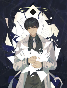 1boy absurdres black_eyes black_hair black_shirt coat collared_shirt commentary cowboy_shot english_commentary half-closed_eyes halo head_tilt highres hugging_object kim_dokja looking_at_viewer male_focus necktie omniscient_reader&#039;s_viewpoint open_clothes open_coat sanjinmogufufu shirt short_hair sky smile solo star_(sky) starry_sky too_many_papers white_coat white_necktie