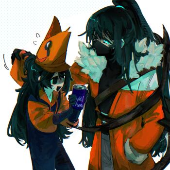 2boys black_eyes black_gloves black_hair blue_eyes blue_overalls can drink_can e.g.o_(project_moon) fur-trimmed_jacket fur_trim gloves hat heterochromia highres holding hong_lu_(project_moon) hood hoodie hook_office_(identity)_(project_moon) jacket limbus_company long_hair long_sleeves male_focus mask mouth_mask multiple_boys open_mouth orange_hat orange_hoodie orange_jacket overalls ponytail project_moon simple_background soda_(e.g.o) soda_can very_long_hair