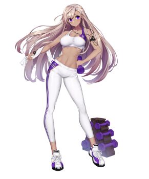 1girl arm_strap armpit_crease artist_request bare_arms bare_shoulders black_straps closed_mouth collarbone crop_top cross-laced_footwear dark-skinned_female dark_skin dumbbell earbuds earphones eyelashes final_gear full_body hair_behind_ear hand_on_own_hip highres holding holding_dumbbell holding_towel knot leangle_(final_gear) light_brown_hair long_hair looking_at_viewer midriff navel no_socks official_art pants purple_eyes simple_background solo sports_bra standing striped_clothes striped_pants tachi-e third-party_source tight_clothes tight_pants towel transparent_background triangle_print triple_vertical_stripe two-tone_footwear two-tone_sports_bra vertical-striped_clothes vertical-striped_pants very_long_hair watch white_pants workout_clothes wristwatch