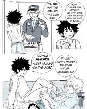3koma abs bakudeku bakugou_katsuki bakuverde boku_no_hero_academia bottle comic couch curly_hair delivery_man door feet freckles hat highres legs lying midoriya_izuku milk_bottle pectorals scar sex shirt sitting sleeveless sleeveless_shirt spiked_hair underwear yaoi