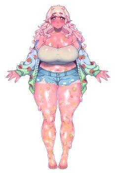 1girl barefoot belly berry_gellatina breasts cardigan cleavage colored_skin crop_top curvy denim denim_shorts facing_viewer food food_print fruit fruit_print gelatin horns indie_virtual_youtuber jacket kiwi_(fruit) large_breasts long_hair long_sleeves looking_at_viewer midriff model monster_girl muroku_(aimichiyo0526) navel off_shoulder orange_(fruit) pink_hair pink_skin plump pointy_ears red_eyes see-through_clothes short_shorts shorts slime_girl slimy solo standing straight-on strawberry strawberry_print tank_top thick_thighs thighs virtual_youtuber