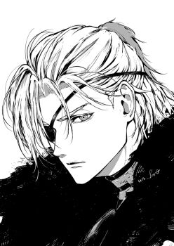 1boy armor breastplate closed_mouth commentary commentary_request dated_commentary dimitri_alexandre_blaiddyd dimitri_alexandre_blaiddyd_(timeskip) eyepatch fire_emblem fire_emblem:_three_houses from_side hair_over_one_eye highres male_focus nintendo one_eye_covered portrait short_sideburns simple_background solo un_faro upper_body white_background