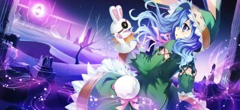 1girl animal_ears bare_tree blue_eyes blue_hair coat date_a_live date_a_live:_spirit_pledge dutch_angle eyepatch fake_animal_ears game_cg green_coat hand_puppet highres himekawa_yoshino hood long_hair long_sleeves official_art open_mouth pom_pom_(clothes) portal_(object) puppet rabbit_ears ribbon ruins sand_dune solo third-party_source tree wide_sleeves yoshinon