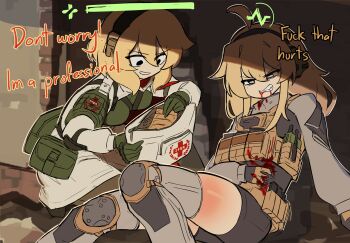 2girls absurdres ahoge bag bandaid black_shorts blonde_hair blood blood_from_mouth blood_on_clothes blue_eyes borrowed_character breasts bulletproof_vest centurii-chan centurii-chan_(character) clenched_teeth combat_medic combat_shirt commentary english_commentary english_text gaiters gloves green_gloves hair_between_eyes headset health_bar highres holding holding_bag indie_virtual_youtuber knee_pads large_breasts load_bearing_vest long_hair multiple_girls open_mouth original red_eyes short_hair shorts spqr_(emblem) tactical_clothes teeth thighhigh_gaiters thighhighs virtual_youtuber walkie-talkie whiskey_project