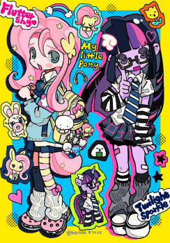 2025 2girls :d absurdres adjusting_eyewear angel_bunny arm_at_side arm_warmers armband asymmetrical_legwear backpack bag black_arm_warmers black_hair black_shoes black_socks blue_background blue_bow blue_bowtie blue_necktie blue_skirt blue_sweater blunt_bangs blunt_ends border bow bow_legwear bowtie butterfly_hair_ornament character_charm character_name charm_(object) collared_shirt colored_skin commentary copyright_name creature_and_personification crocs deformed diagonal-striped_clothes diagonal-striped_necktie donut double-parted_bangs flower fluttershy fluttershy_(equestria_girls) food full_body grey_leg_warmers grey_skirt hair_between_eyes hair_flower hair_ornament halftone halftone_background hand_up headphones heart hello_kitty hello_kitty_(character) highres holding holding_donut holding_food index_finger_raised kneehighs leg_warmers long_hair long_sleeves looking_at_viewer miniskirt multicolored_hair multiple_girls my_little_pony my_little_pony:_equestria_girls my_little_pony:_friendship_is_magic necktie onigiri open_mouth outside_border personification petticoat pink_armband pink_bow pink_hair pink_shoes pink_thighhighs plaid_clothes plaid_skirt platform_shoes pleated_skirt purple_eyes purple_hair purple_skin rabbit recursive_animalization riiverr sanrio sci-twi shirt shoes short_sleeves sidelocks simple_background single_thighhigh skirt smile socks standing star_(symbol) streaked_hair striped_arm_warmers striped_clothes striped_socks sweater symbol-only_commentary thighhighs twilight_sparkle two-tone_necktie two-tone_socks two-tone_thighhighs unicorn very_long_hair white_arm_warmers white_leg_warmers white_necktie white_shirt white_socks wing_hair_ornament yellow_bag yellow_border yellow_flower yellow_thighhighs