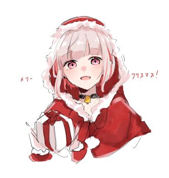 1girl :d alternate_costume bell black_choker blush box capelet choker commentary cropped_shoulders fur-trimmed_capelet fur_trim gift gift_box hashtag-only_commentary highres holding holding_gift hood hood_up link!_like!_love_live! looking_at_viewer love_live! merry_christmas multicolored_hair neck_bell open_mouth pink_eyes red_capelet red_hair red_streaks roku_aya_fuyu santa_costume simple_background smile solo streaked_hair virtual_youtuber white_background white_hair yugiri_tsuzuri