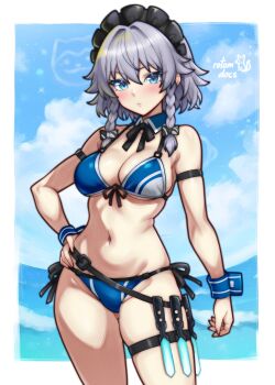 1girl absurdres bikini blue_bikini blue_eyes braid breasts grey_hair highres izayoi_sakuya knife knife_sheath large_breasts maid_headdress rotomdocs sheath short_hair solo swimsuit thigh_strap touhou twin_braids wrist_cuffs
