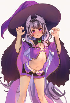 1girl :o absurdres alternate_costume bare_arms belt black_hair black_shorts blush bow buckle commentary cosplay english_commentary fire_emblem fire_emblem_engage fire_emblem_heroes grey_hair hair_ornament halloween_costume hands_up hat heart heart-shaped_buckle heart_pendant highres long_hair long_sleeves looking_at_viewer multicolored_hair navel nintendo nowi_(eternal_witch)_(fire_emblem) nowi_(fire_emblem) nowi_(fire_emblem)_(cosplay) off-shoulder_shirt off_shoulder open_mouth pink_bow purple_eyes purple_hat purple_vest shironekokfp shirt short_shorts shorts simple_background solo standing stomach thighs two-tone_hair very_long_hair vest veyle_(fire_emblem) white_background wide_sleeves witch witch_hat