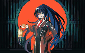 Rule 34 | 1boy, black coat, black eyes, black hair, black vest, blue eyes, coat, collared shirt, grey background, heterochromia, high ponytail, highres, holding, holding lantern, hong lu (project moon), lantern, limbus company, long hair, long sleeves, looking at viewer, male focus, nakame77, necktie, ponytail, project moon, red necktie, shirt, simple background, solo, standing, upper body, very long hair, vest, white shirt