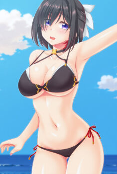 1girl armpits atelier_(series) atelier_yumia bikini black_bikini black_hair blush breasts cleavage commentary_request gluteal_fold hair_over_one_eye hair_ribbon highres large_breasts layered_bikini navel open_mouth purple_eyes ribbon side-tie_bikini_bottom sidelocks swimsuit utomo white_ribbon yumia_liessfeldt