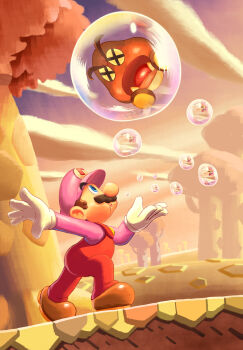 Rule 34 | 1boy, artist name, blue eyes, brown hair, bubble, bubble mario, cloud, day, facial hair, from side, gloves, goomba, hat, highres, male focus, maribou (supermaribou), mario, mario (series), mustache, nintendo, open mouth, outdoors, overalls, pink hat, pink shirt, red overalls, shirt, short hair, sunset, super mario bros. wonder, symbol-shaped pupils, tree, watermark, white gloves, x x
