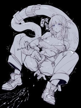 1girl anal_fingering arknights arm_strap black_background camisole crop_top cum ejaculation eunectes_(arknights) eunectes_(forgemaster)_(arknights) female_ejaculation female_masturbation fingering fingering_through_clothes fisting greyscale highres hitobashira_(1746164306) lactation lactation_through_clothes masturbation monochrome official_alternate_costume one_side_up pointy_ears pussy pussy_juice shirt short_hair simple_background snake_tail spaghetti_strap spread_legs tail through_clothes torn_clothes torn_shirt unzipped