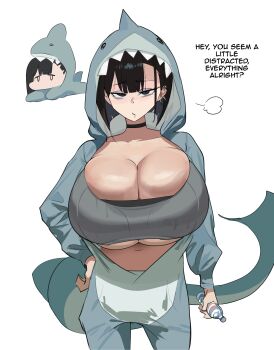 1girl absurdres animal_costume animal_hood asymmetrical_bangs black_choker black_eyes black_hair booruguru bottle breasts choker cleavage commentary cowboy_shot doodle_inset ear_piercing english_commentary english_text eyeshadow goth_(booruguru) grey_eyeshadow grey_sports_bra hand_on_own_hip highres holding holding_bottle hood hood_up huge_breasts long_sleeves looking_at_viewer makeup multiple_views onesie original piercing puff_of_air shark_costume shark_hood short_hair simple_background skindentation solo_focus sports_bra standing talking undersized_breast_cup water_bottle white_background