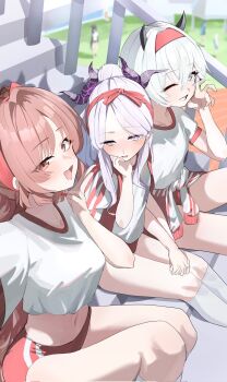 6+girls ahoge bloomers blue_archive blurry blurry_background blush breasts brown_eyes brown_hair day demon_girl demon_horns erika_(blue_archive) fingernails gyaru gym_uniform hairband hasumi_(blue_archive) hasumi_(track)_(blue_archive) headband highres himari_(blue_archive) hina_(blue_archive) hina_(dress)_(blue_archive) horns jacket jacket_on_shoulders kirara_(blue_archive) kogal kumakono long_fingernails long_hair looking_at_viewer mari_(blue_archive) mari_(track)_(blue_archive) midriff multiple_girls navel no_halo noa_(blue_archive) on_grass one_eye_closed outdoors ponytail purple_eyes purple_hair red_bloomers red_eyes red_hair red_hairband red_headband red_nails running_track selfie short_hair sitting sitting_on_stairs small_breasts socks stairs teeth tied_jacket underwear v white_eyes white_hair white_socks yuuka_(blue_archive) yuuka_(track)_(blue_archive)