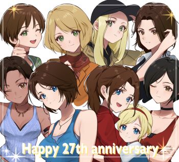 6+girls ada_wong aged_down aged_up ashley_graham black_choker black_hair black_headwear blonde_hair blue_tank_top breasts brown_eyes brown_hair capcom child choker claire_redfield collarbone crossed_arms dark_skin english_text green_eyes green_jacket hair_between_eyes hand_in_own_hair happy_anniversary hat helena_harper high_ponytail highres holding holding_unworn_clothes holding_unworn_hat hug jacket jewelry jill_valentine large_breasts long_hair long_sleeves looking_at_viewer mar0maru multiple_girls necklace one_eye_closed open_mouth orange_jacket parted_bangs ponytail rebecca_chambers red_choker red_headwear red_jacket red_scarf resident_evil resident_evil_0 resident_evil_2 resident_evil_3:_nemesis resident_evil_3_(remake) resident_evil_4 resident_evil_4_(remake) resident_evil_5 resident_evil_6 resident_evil_village rosemary_winters scarf sherry_birkin sheva_alomar short_hair shoulder_tattoo simple_background sleeveless smile star_(symbol) tank_top tattoo teeth thumbs_up unworn_hat unworn_headwear upper_body upper_teeth_only white_background