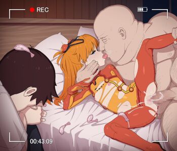 1girl 2boys absurdres bald battery_indicator black_hair blue_eyes bodysuit breath censored clothing_cutout condom condom_on_head cromachina crotch_cutout cum cum_in_pussy cum_overflow depressed evangelion:_2.0_you_can_(not)_advance faceless faceless_male fat fat_man flat_chest french_kiss hetero highres ikari_shinji kiss loli mecha_pilot_suit mosaic_censoring multiple_boys navel neon_genesis_evangelion netorare netorase nipples on_bed orange_hair own_hands_clasped penis pillow plugsuit_(evangelion) projectile_cum pussy rebuild_of_evangelion recording sex sideways_glance souryuu_asuka_langley tongue tongue_out torn_bodysuit torn_clothes ugly_bastard used_condom vaginal