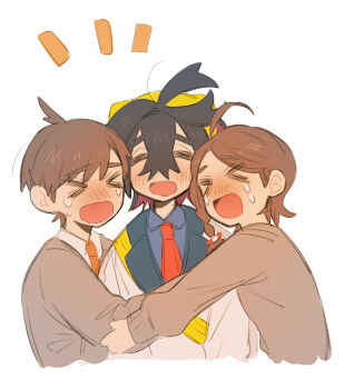 >_< 1girl 2boys :d ahoge blueberry_academy_school_uniform blush braid brown_hair closed_eyes cowlick crossed_bangs florian_(pokemon) gloves group_hug hair_between_eyes hairband happy_tears highres hug hug_from_side jacket juliana_(pokemon) kieran_(pokemon) mole mole_on_neck multiple_boys naranja_academy_school_uniform necktie nintendo open_mouth orange_necktie partially_fingerless_gloves pokemon pokemon_sv red_necktie school_uniform short_hair single_braid smile tears thick_eyebrows tisanntisyou white_background white_jacket xd yellow_hairband