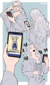 1girl adjusting_eyewear allagan_tomestone bespectacled blue-framed_eyewear blue_background blue_eyes border braid capelet cellphone closed_eyes collarbone commentary english_commentary final_fantasy final_fantasy_xiv flat_color glasses grey_capelet grey_hair grey_robe half_up_braid half_updo hand_up highres holding holding_phone holding_removed_eyewear hood hood_down hooded_capelet ifunny laughing long_hair long_sleeves loporrit mask mask_around_neck mature_female meme multiple_views open_mouth outside_border phone robe semi-rimless_eyewear sequential signature single_braid smartphone smile squinting standing tassel tears twitter_username under-rim_eyewear unworn_eyewear unworn_mask upper_body venat_(ff14) voheiin wavy_hair white_border