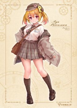 Rule 34 | 1girl, artist self-insert, bag, black shoes, blonde hair, brown bag, character name, closed mouth, collared shirt, commentary request, diagonal-striped clothes, diagonal-striped necktie, dress shirt, full body, gradient hair, grey hat, grey jacket, grey skirt, hat, heterochromia, highres, jacket, koaya, loafers, long sleeves, looking at viewer, miniskirt, multicolored hair, necktie, original, pink eyes, plaid clothes, plaid skirt, plaid socks, pleated skirt, shirt, shoes, shoulder bag, skirt, smile, socks, solo, standing, striped clothes, twintails, white shirt, yellow eyes