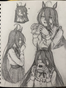 1girl absurdres blush chibi chibi_inset closed_mouth collared_shirt commentary cup drinking english_commentary frilled_shirt frills gift greyscale heart highres holding holding_cup holding_gift long_hair manhattan_cafe_(umamusume) monochrome mug multiple_views neck_ribbon open_mouth photoshop_(medium) pleated_skirt ribbon shirt shirt_tucked_in sketch skirt smile traditional_media umamusume very_long_hair yuutatogisa