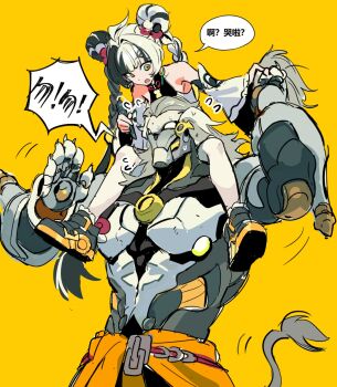 12mo34mo56 1boy 1girl ahoge banyue_(zenless_zone_zero) bare_shoulders black_hair black_shoes braid braided_twintails carrying clothed_robot clothes_around_waist commentary_request detached_sleeves dialyn_(zenless_zone_zero) earrings flying_sweatdrops grey_hair grey_tail hair_extensions highres humanoid_robot jewelry long_hair looking_at_another mechanical_tail motion_lines multicolored_hair open_mouth ring_hair_extensions robot robot_boy shoes shoulder_carry simple_background speech_bubble split-color_hair sweat tail thighhighs translation_request white_hair white_thighhighs yellow_background zenless_zone_zero