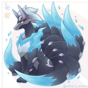 Rule 34 | albrt-wlson, alolan form, alolan marowak, animal focus, blue fire, commentary, commission, english commentary, fire, full body, fusion, gen 1 pokemon, gen 7 pokemon, highres, horns, instagram username, multiple tails, ninetales, nintendo, no humans, pokemon, pokemon (creature), pokemon focus, solo, tail