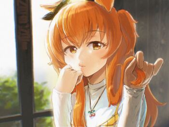 1girl animal_ears blurry blurry_background bow cherry_necklace commentary_request ear_bow ear_ribbon hand_on_own_cheek hand_on_own_face holding holding_own_hair horse_ears horse_girl long_hair long_sleeves looking_at_viewer mayano_top_gun_(casual)_(umamusume) mayano_top_gun_(umamusume) natsunori orange_eyes orange_hair shirt solo tail tree two_side_up umamusume upper_body vest window yellow_vest
