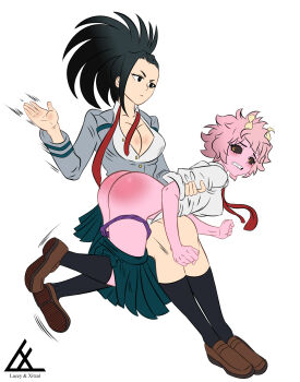2girls ashido_mina ass black_eyes black_hair black_sclera blush boku_no_hero_academia breasts button cleavage colored_sclera colored_skin highres large_breasts multiple_girls necktie panties pink_hair pink_skin purple_panties red_ass shoes skirt socks spanked spanking underwear yaoyorozu_momo yellow_eyes
